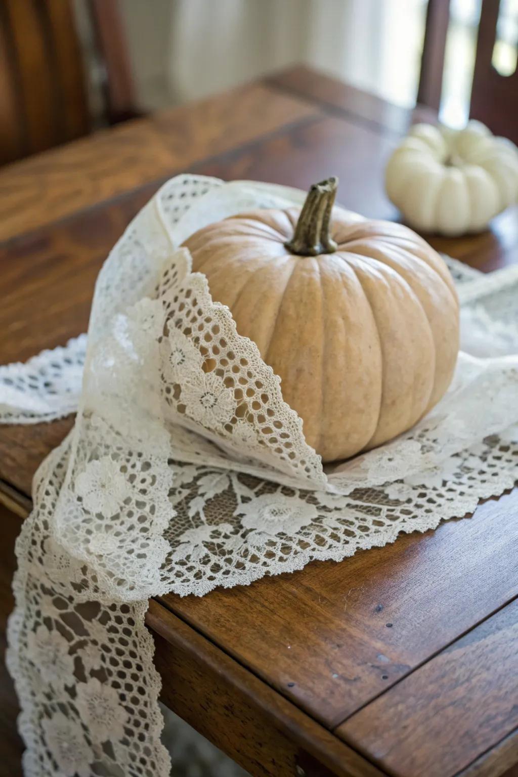 Netting-enveloped pumpkins emanate refinement and allure.