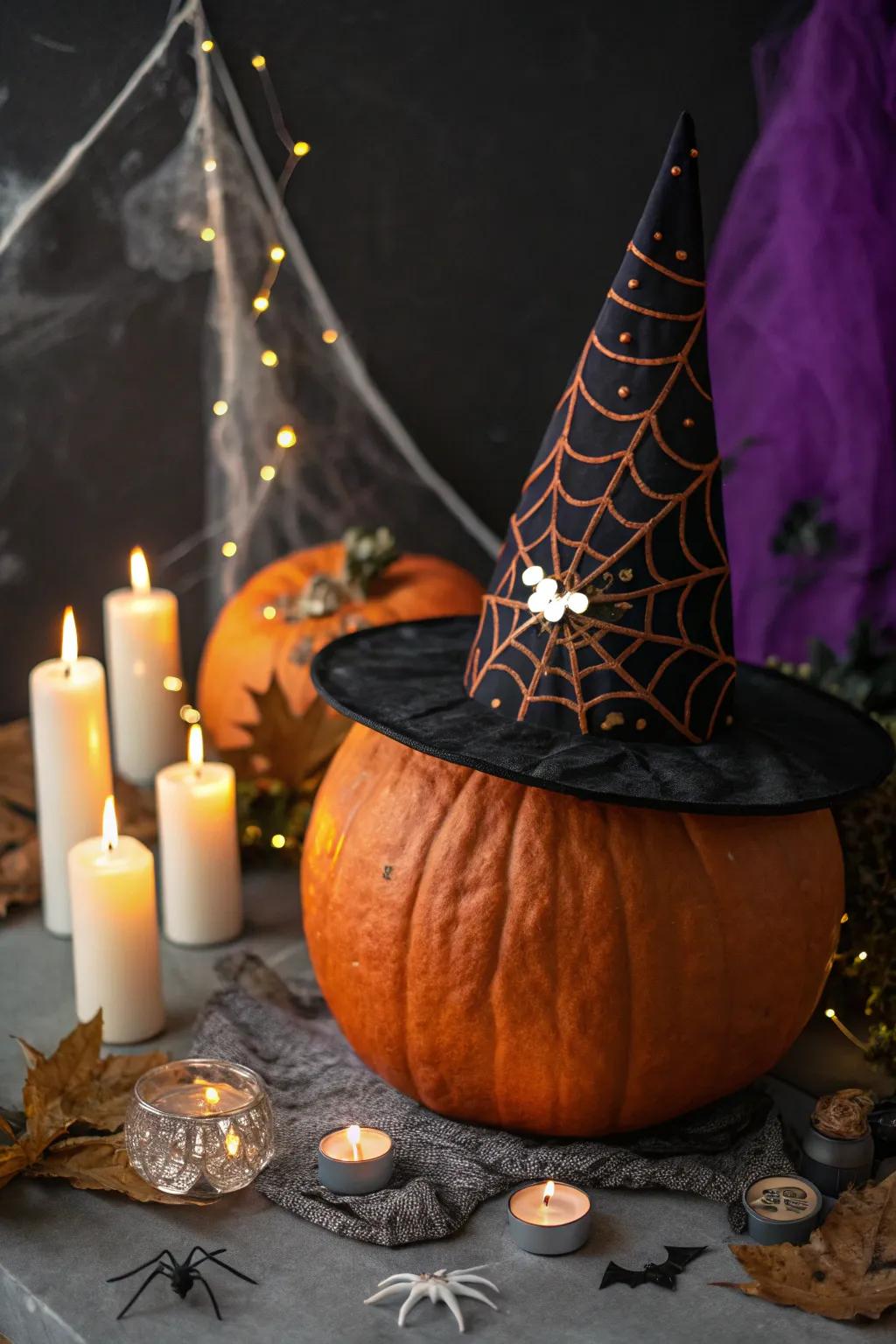 A sorceress headwear transforms any gourd into a bewitching centerpiece.