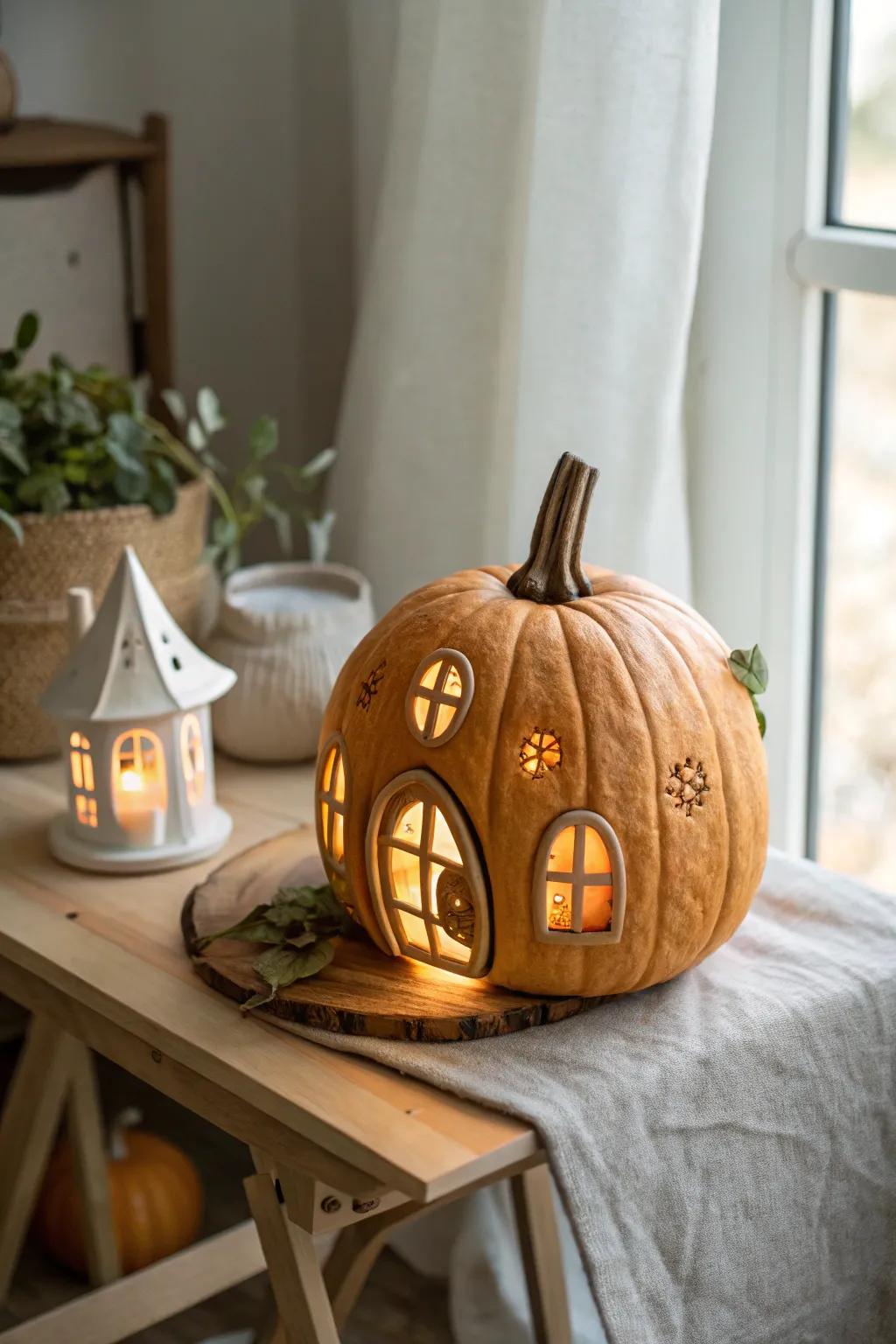 Welcome to your enchanting retreat: a gourd pixie residence radiating gently in Scandinavian-Boho flair.
