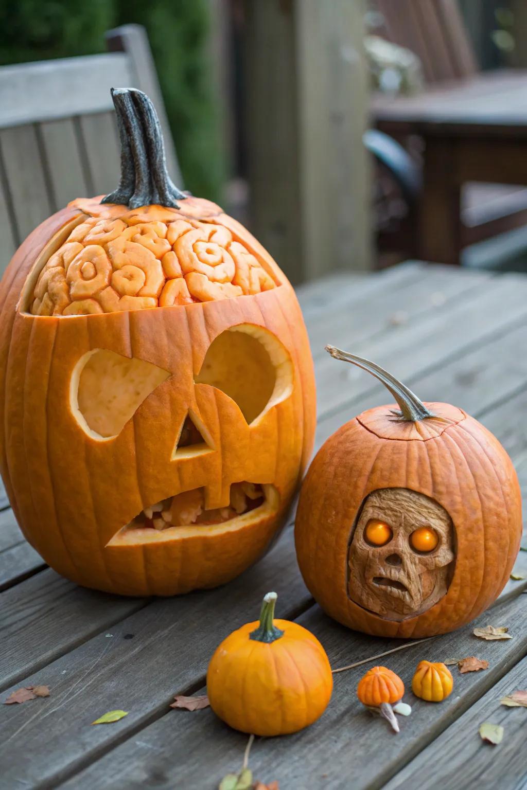 An amusing 'cerebral pumpkin' for a whimsical Halloween decoration.