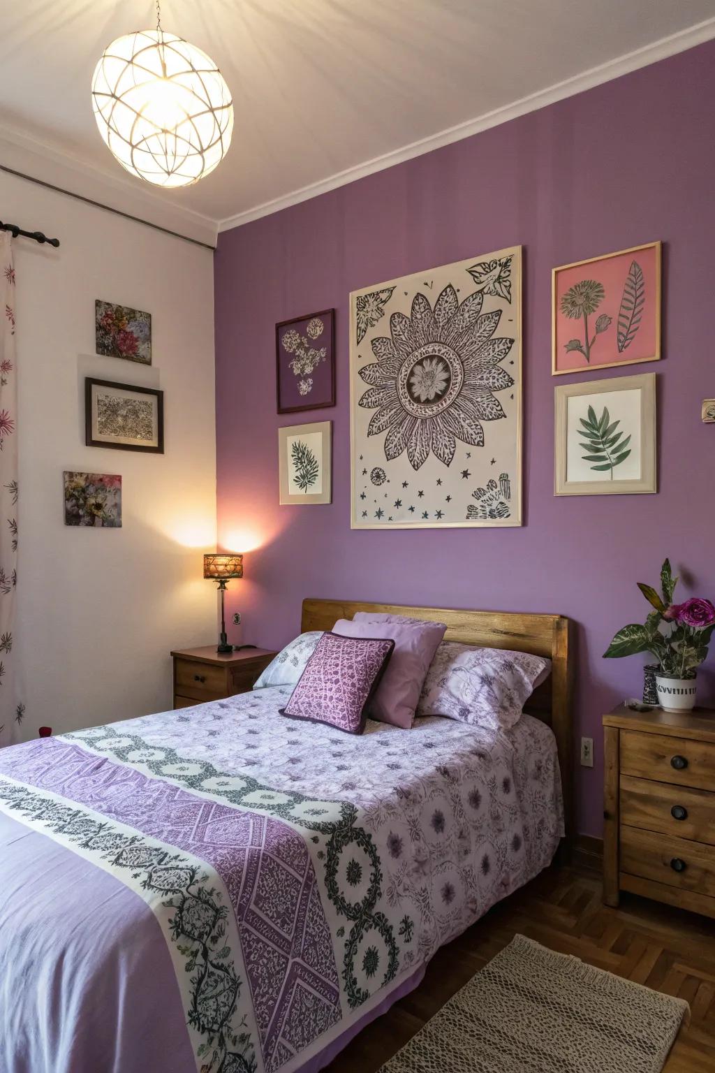 Decorative art pieces add character to purple walls.