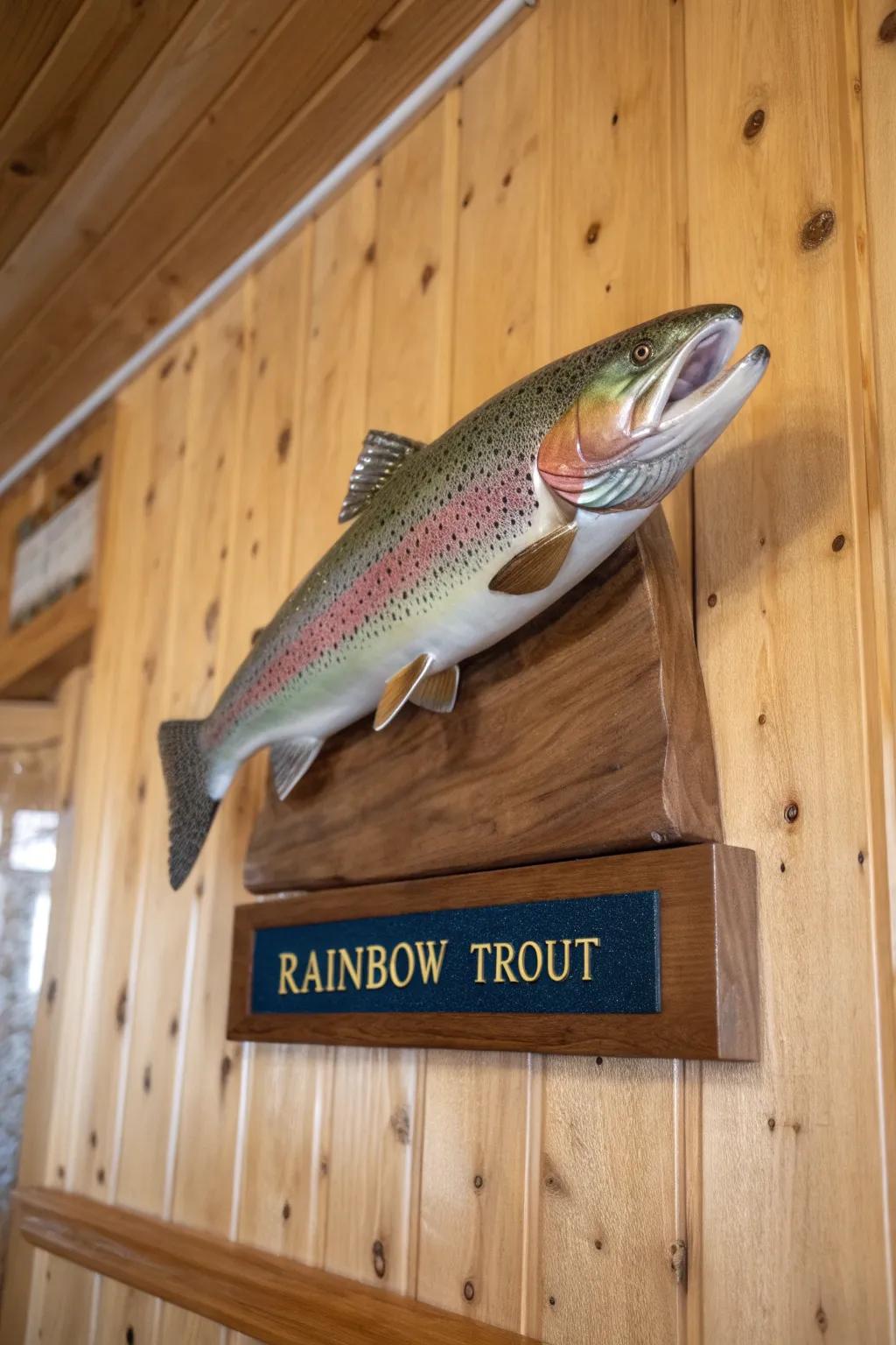 An engraved plaque personalizes the rainbow trout mount, transforming it into a repository of cherished memories.