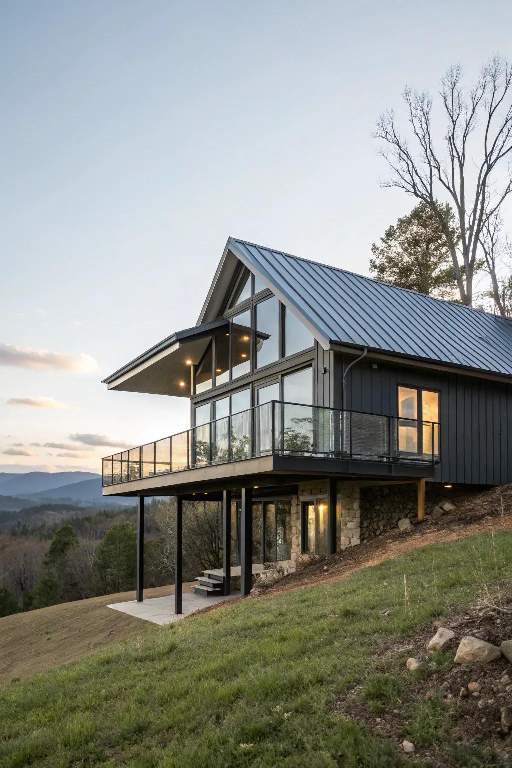 A raised ranch showcasing a polished metallic roof for a modern architectural accent.