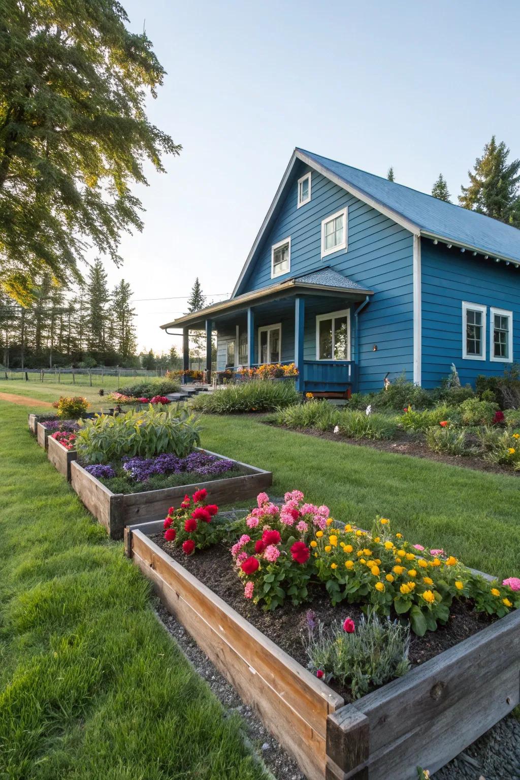 Striking sapphire siding enables this ranch-style dwelling to distinguish itself.