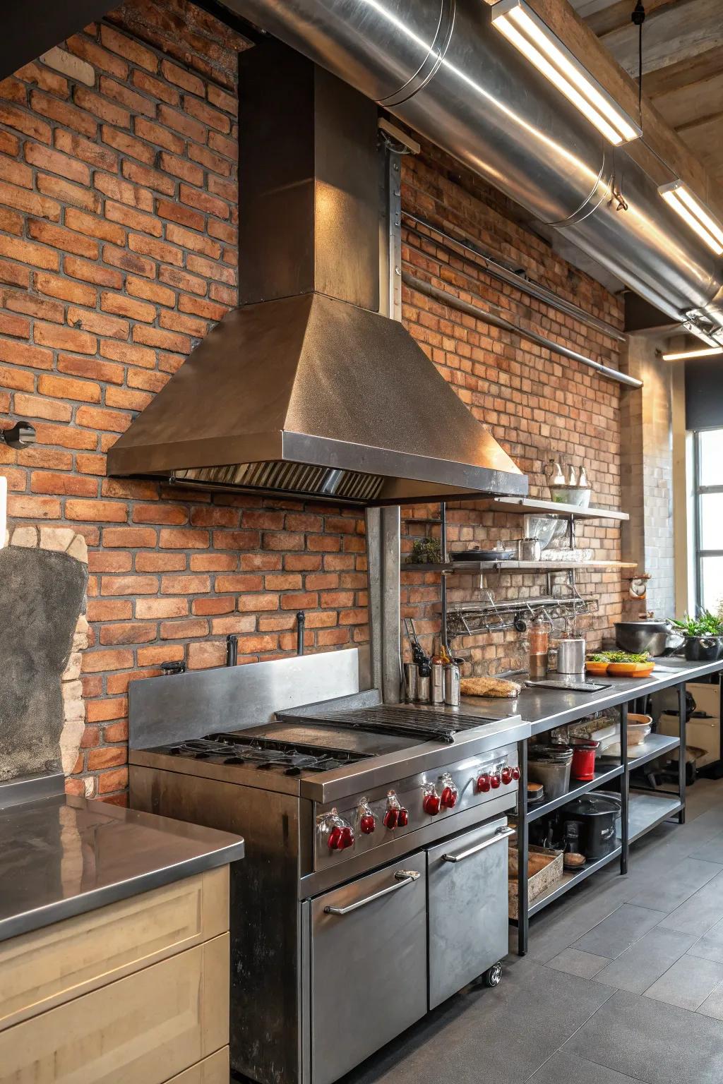 Urban-inspired kitchen showcasing a metallic vent hood and bare brick, resulting in an on-trend metropolitan atmosphere.