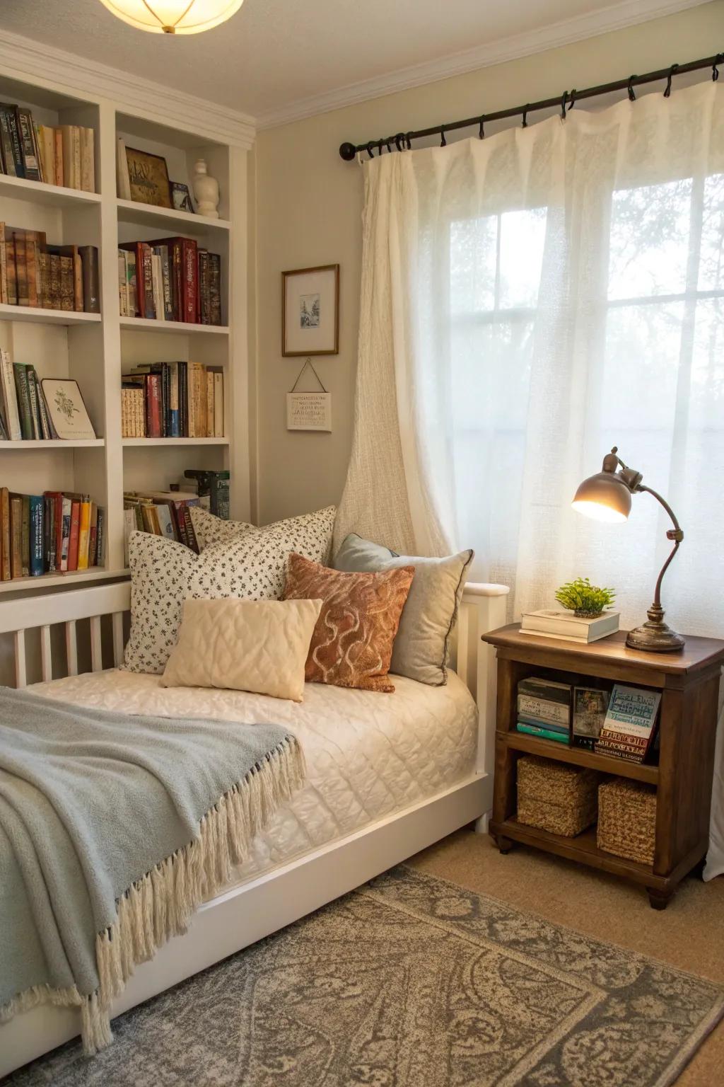 A multi-functional space serving as both a cozy nook and a guest bed.