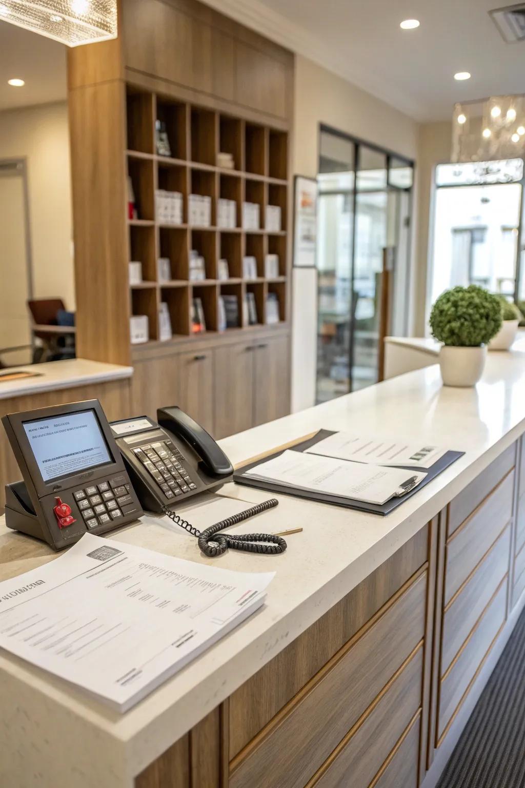 A practical welcome desk that emphasizes organization.