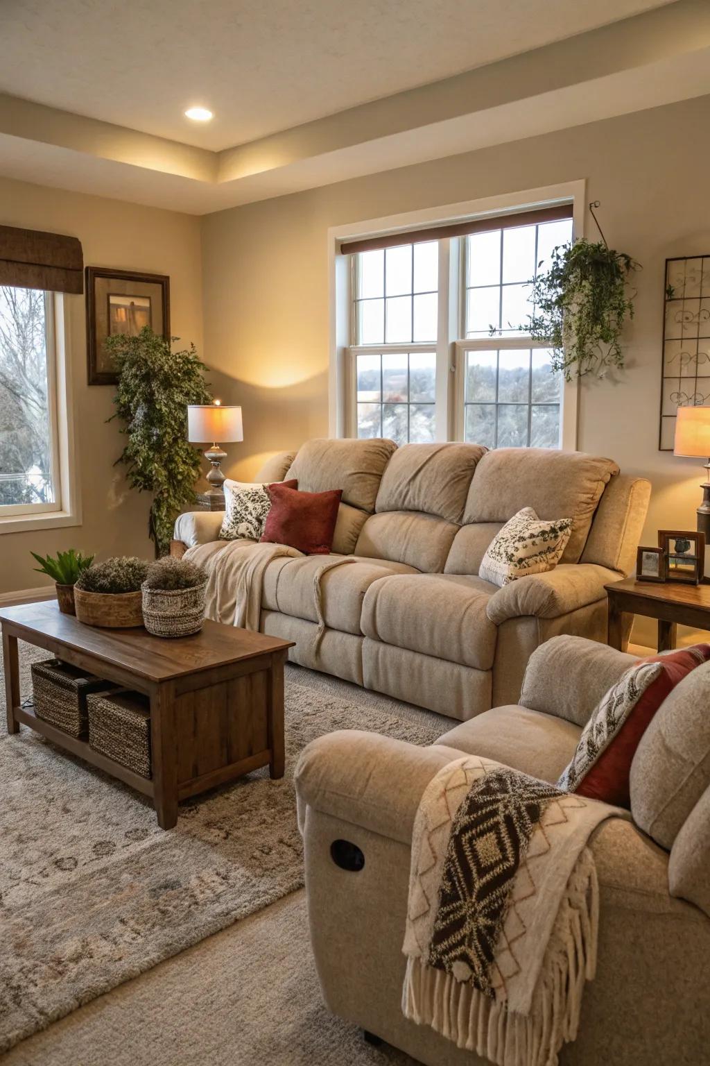 A functional and comfortable family room showcasing an expansive reclining sofa.