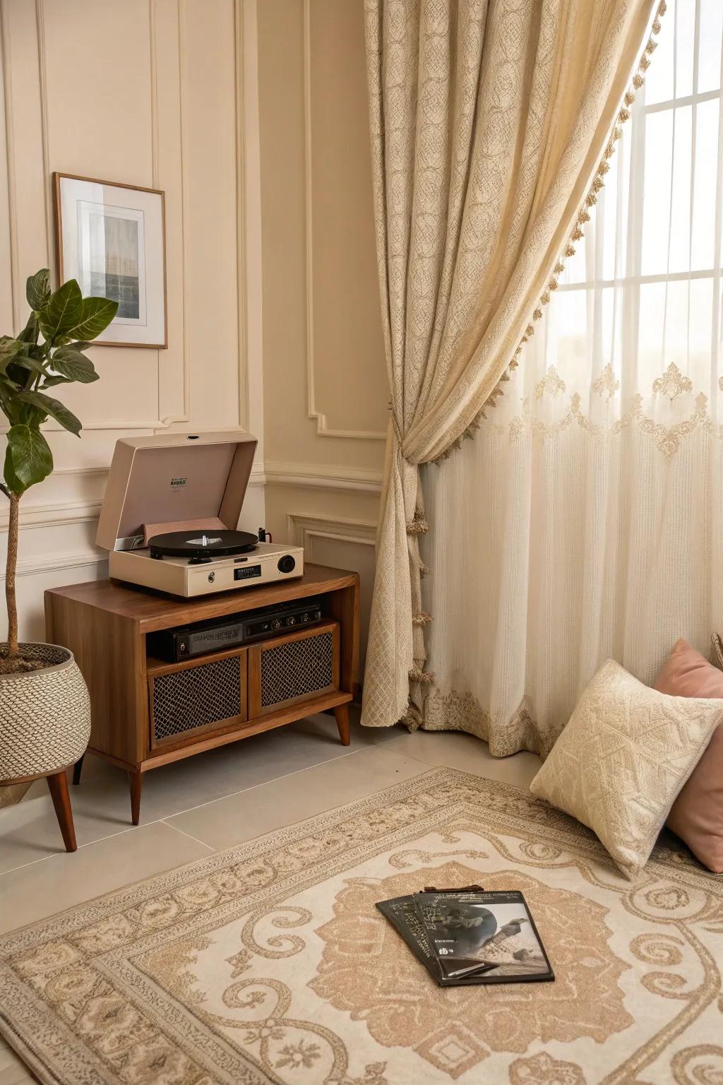 A color-coordinated record player arrangement for a unified look.