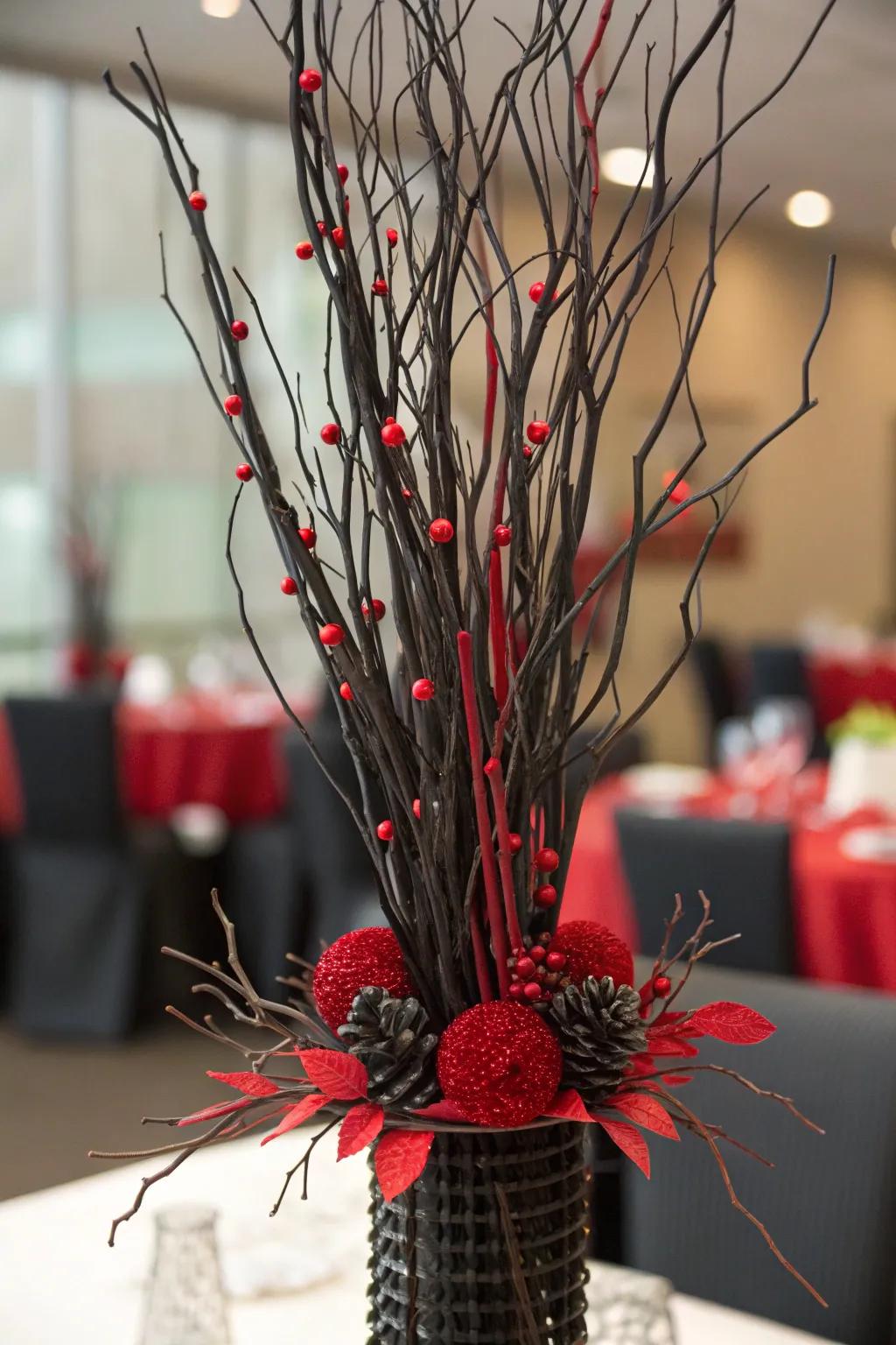 Dark branches showcasing scarlet details constructing an artistic and imaginative centerpiece.