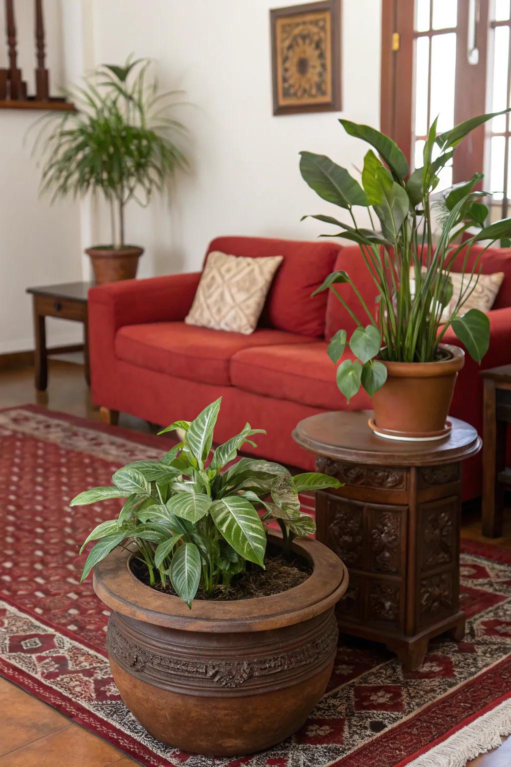 Botanicals add a refreshing contrast to a red and brown color scheme.