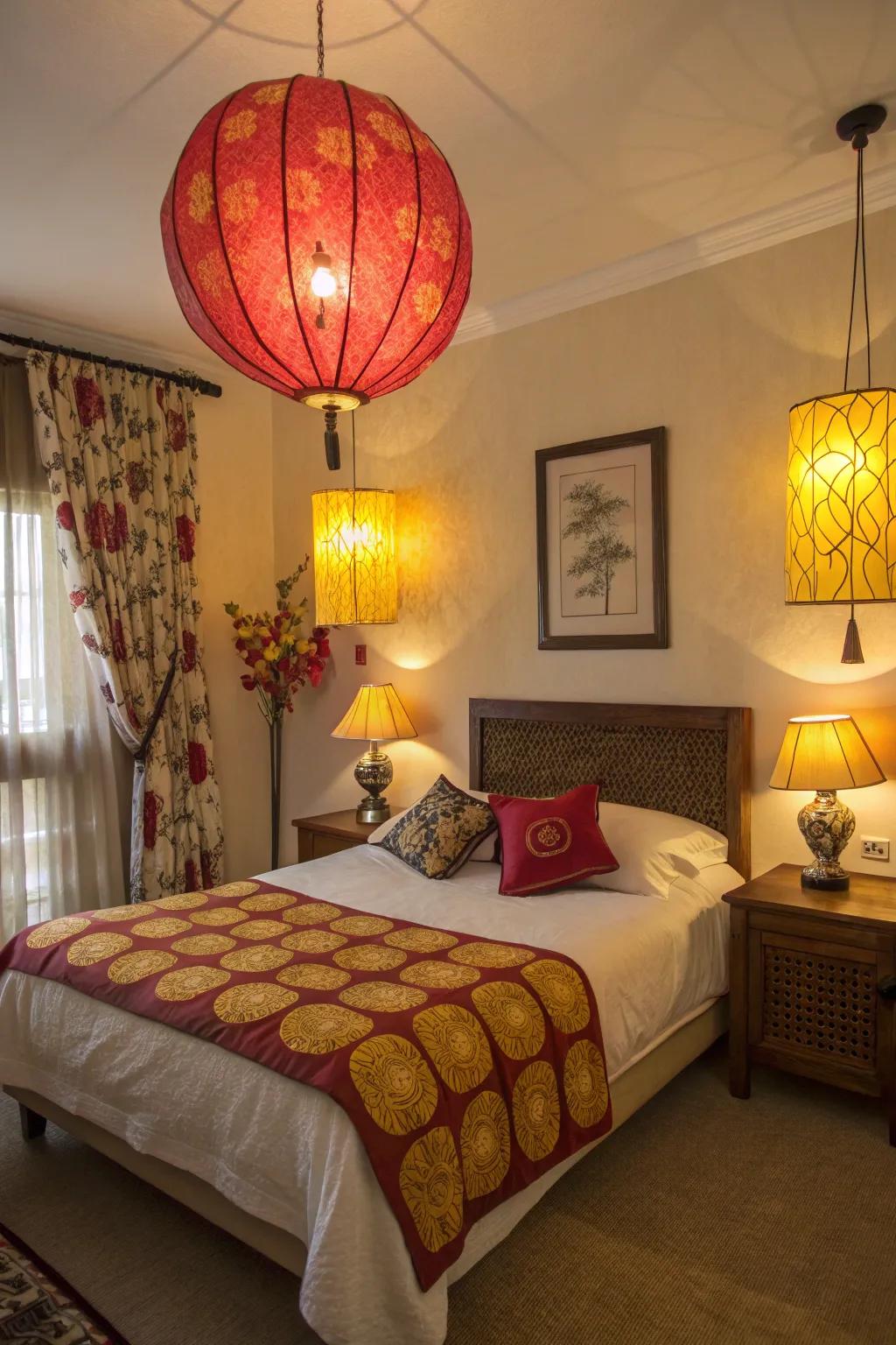 Luminous illumination enhances the inviting essence within this crimson and gold themed resting chamber.