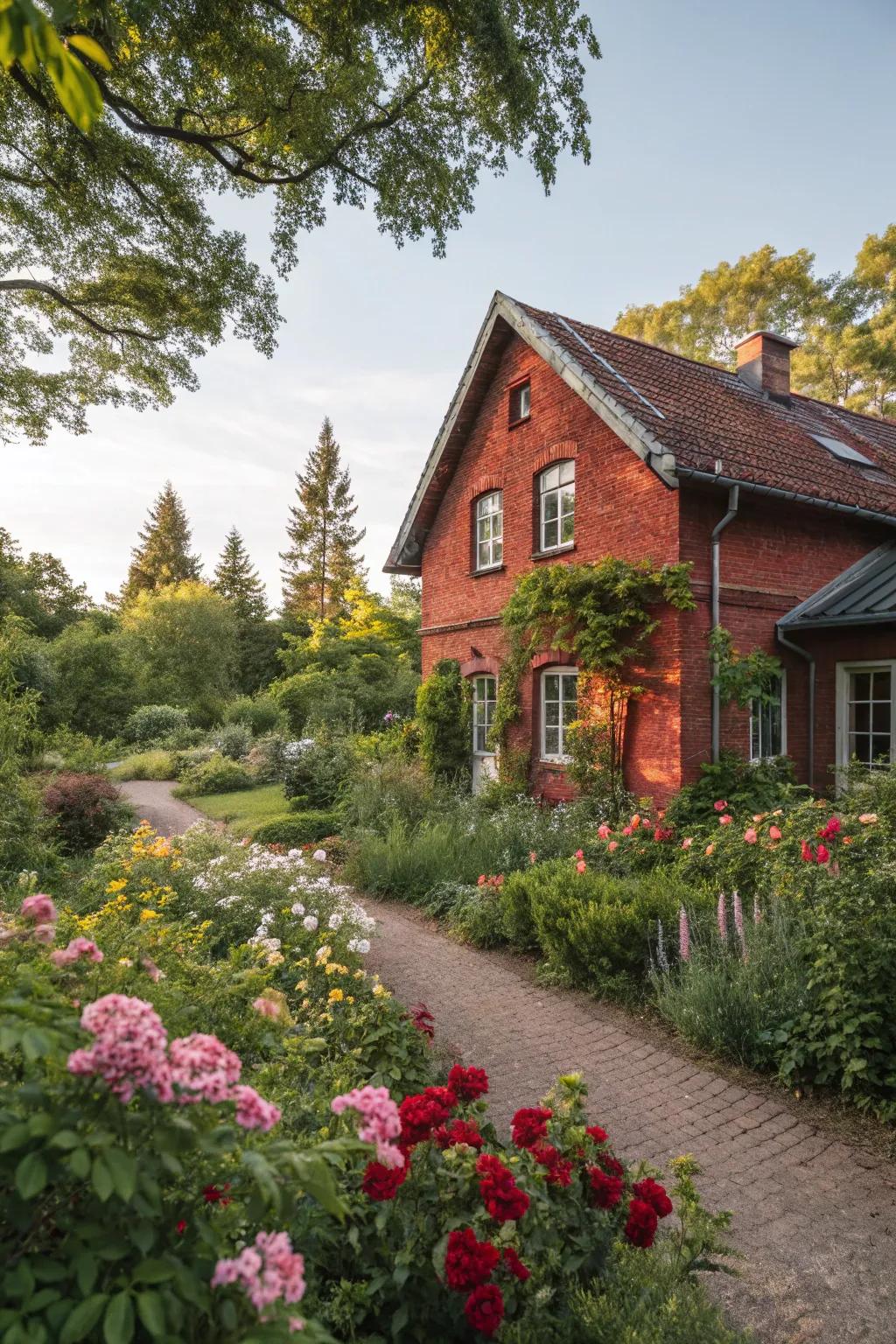 Exquisite landscaping enhances the charm of this red brick house.