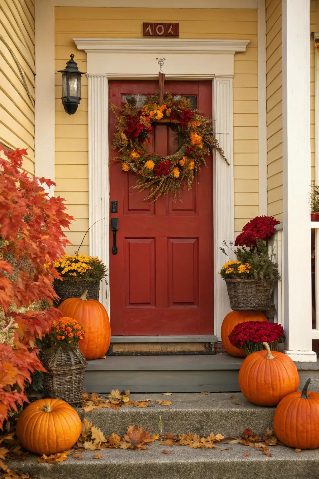Red entrance adorned with seasonal autumnal embellishments.