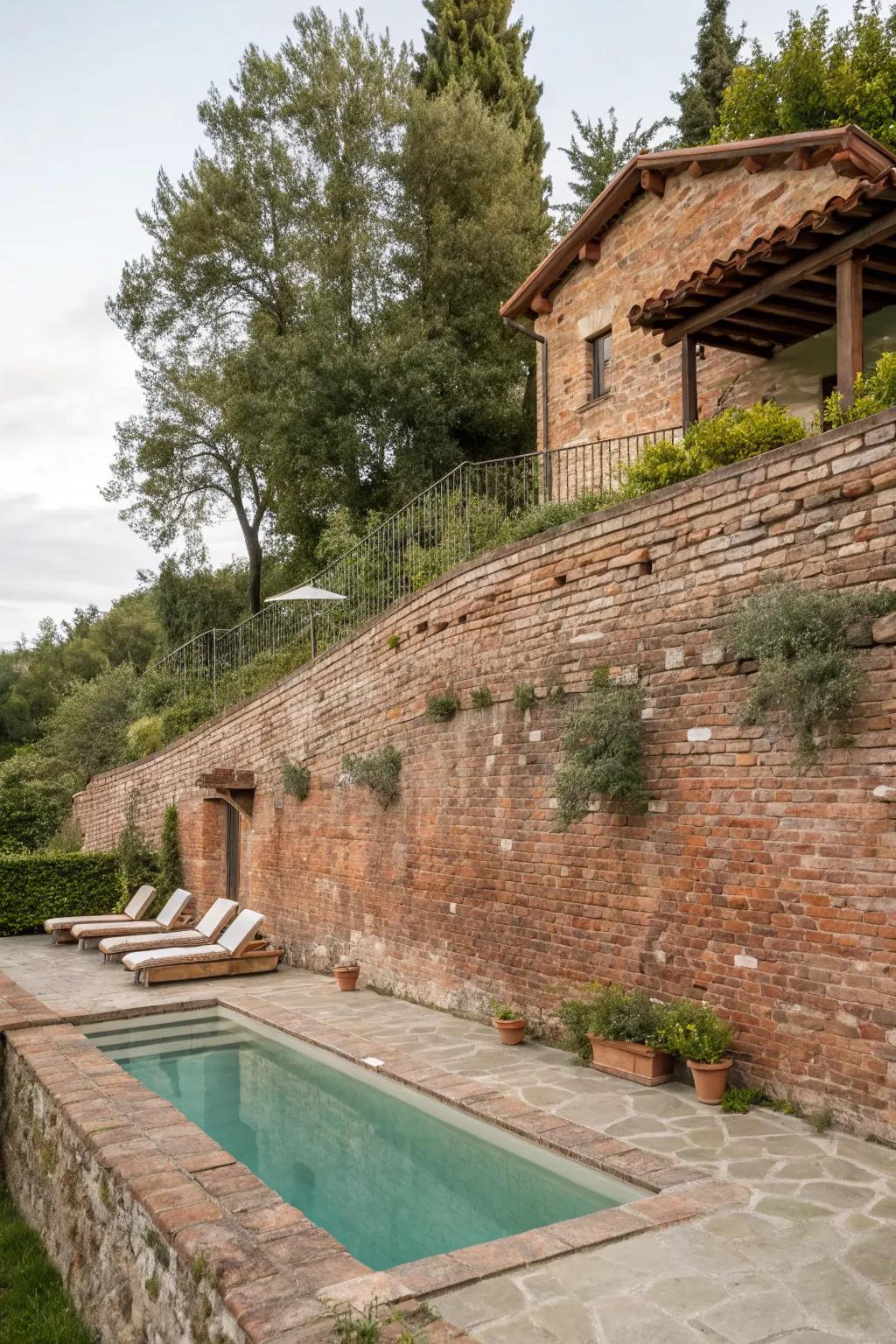 Charming brick retaining wall adding warmth to a pool area.