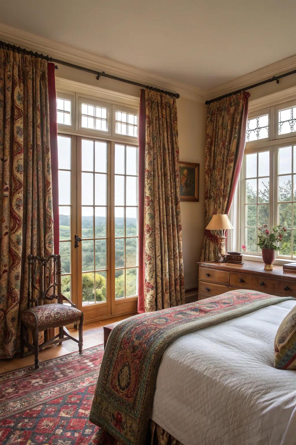 Patterned window treatments frame the view with flair.