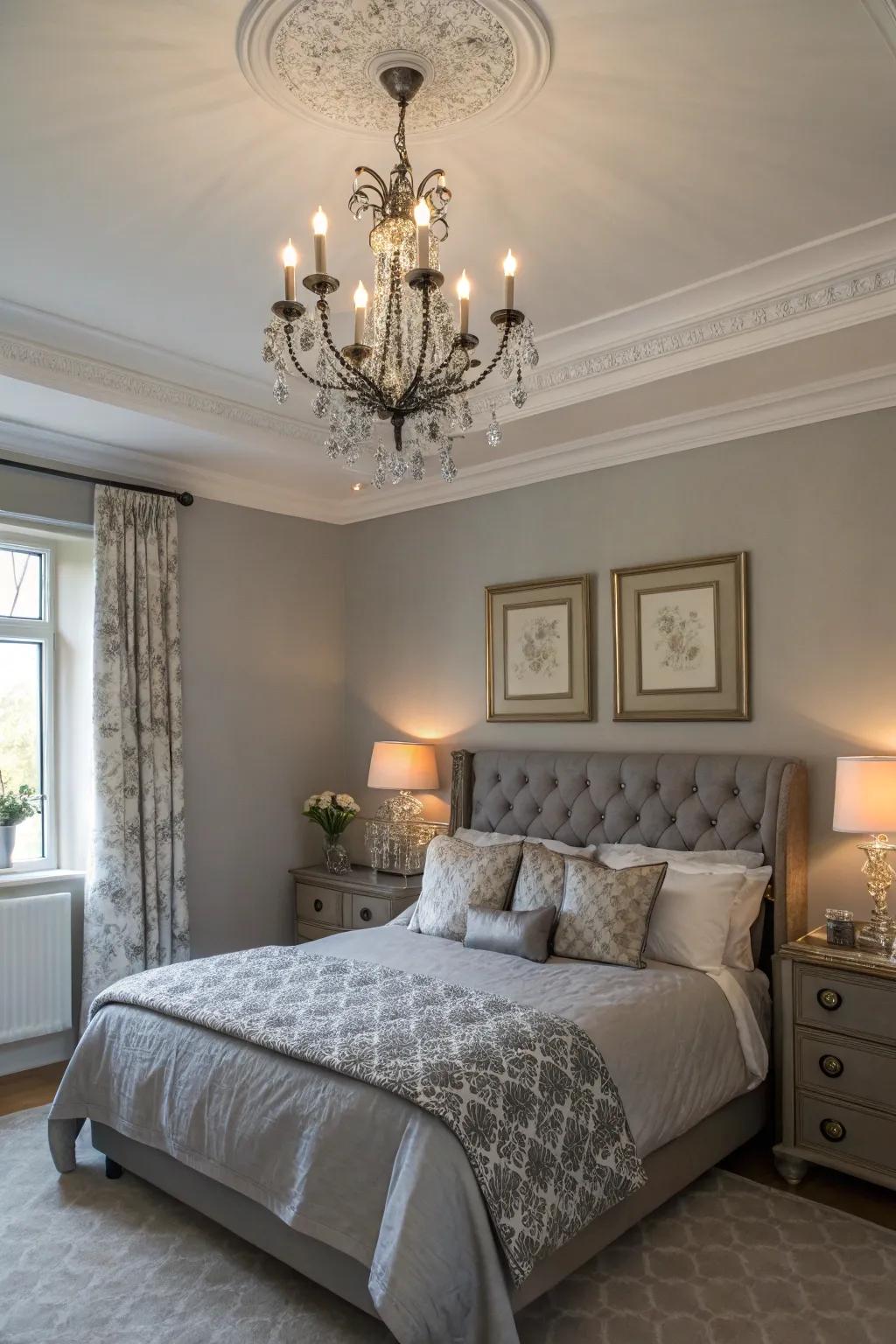 Layered lighting adds depth and warmth to a Willow Gray bedroom.