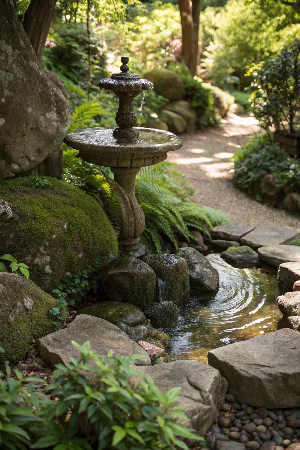 A hydrological element with stones cultivates a tranquil garden ambiance.