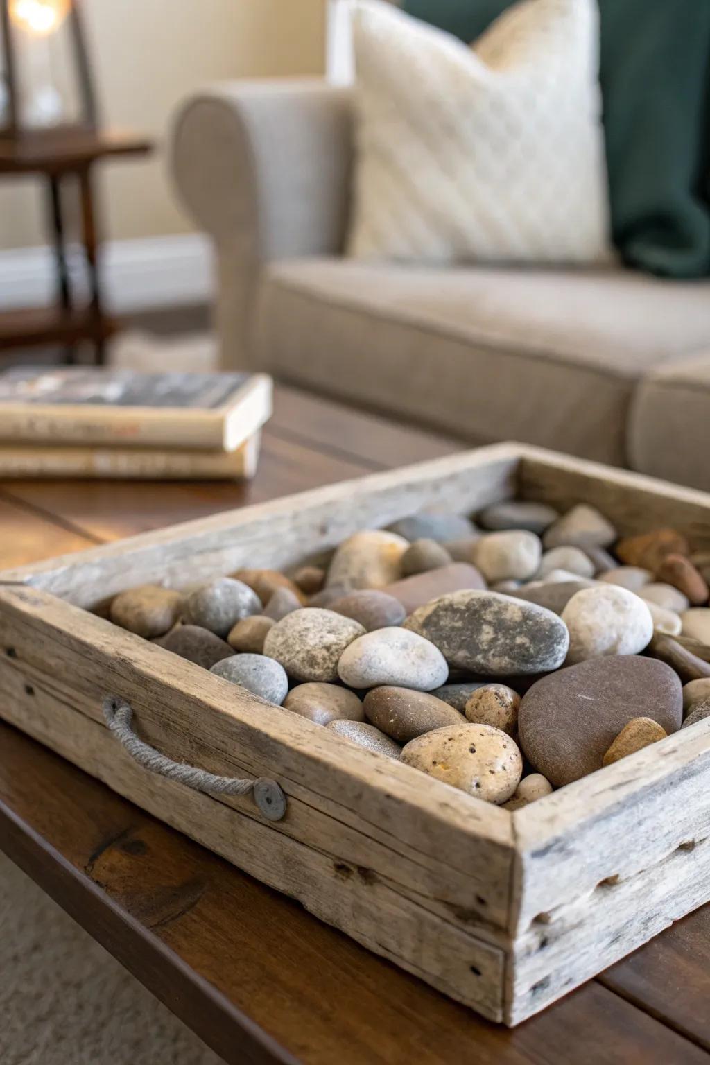 A rustic tray showcasing rocks on a coffee table