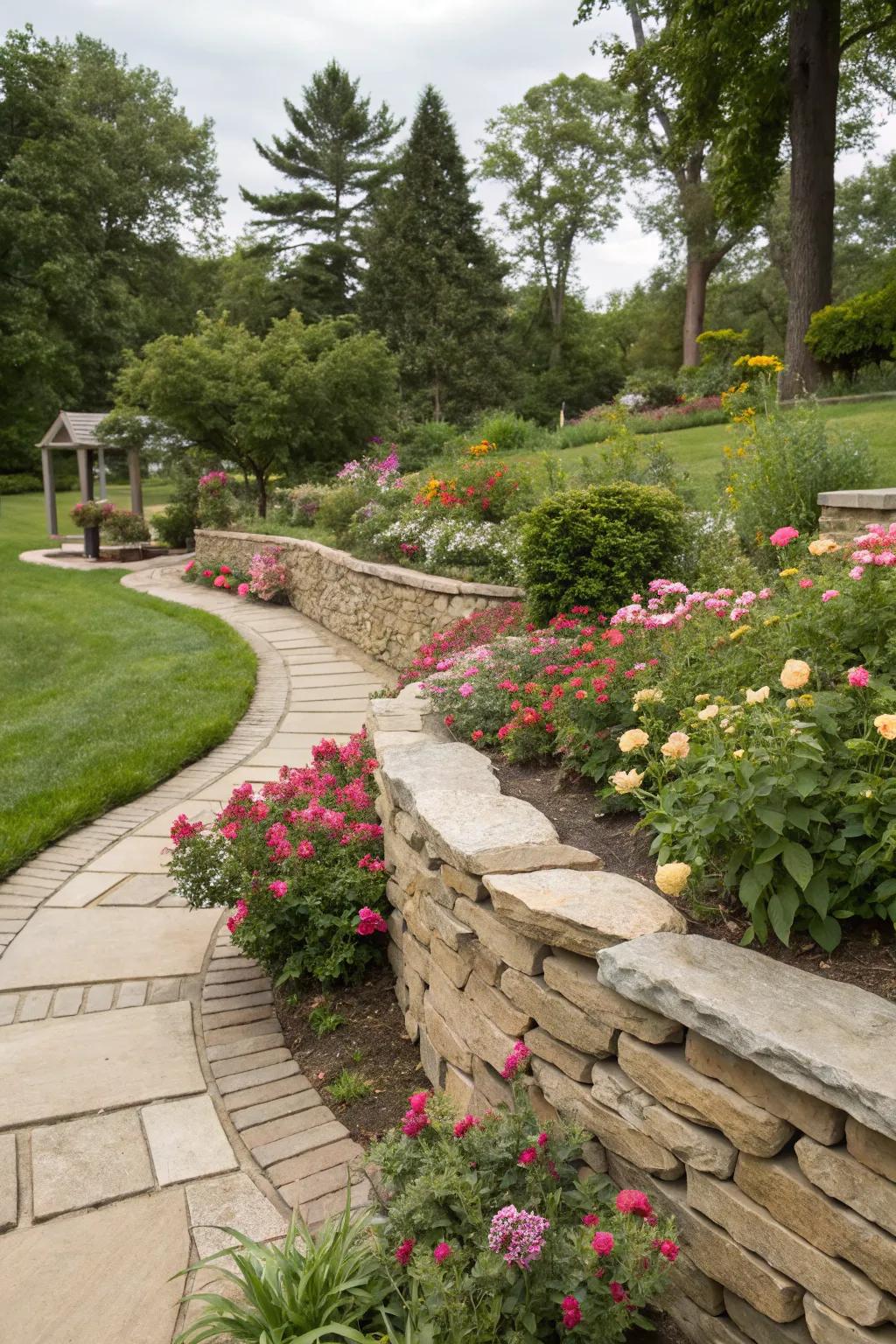 Piled stones erecting a polished margin enveloping a vivid garden bed.