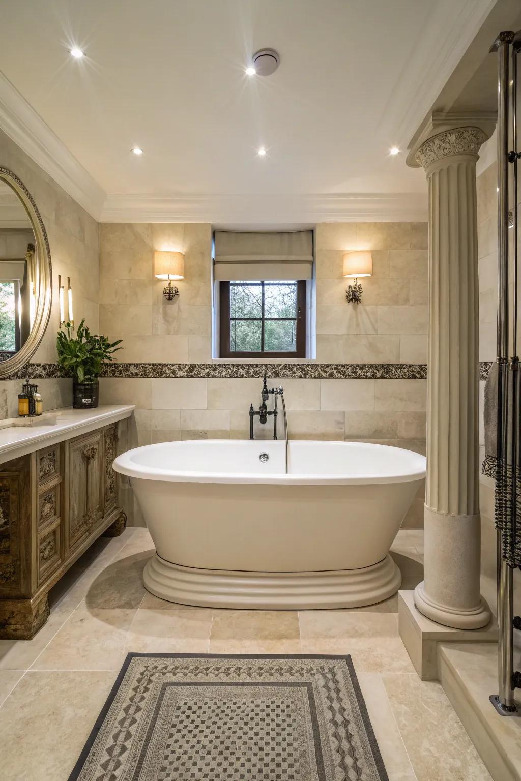 A detached tub assumes a central position in this Roman-style bathroom.