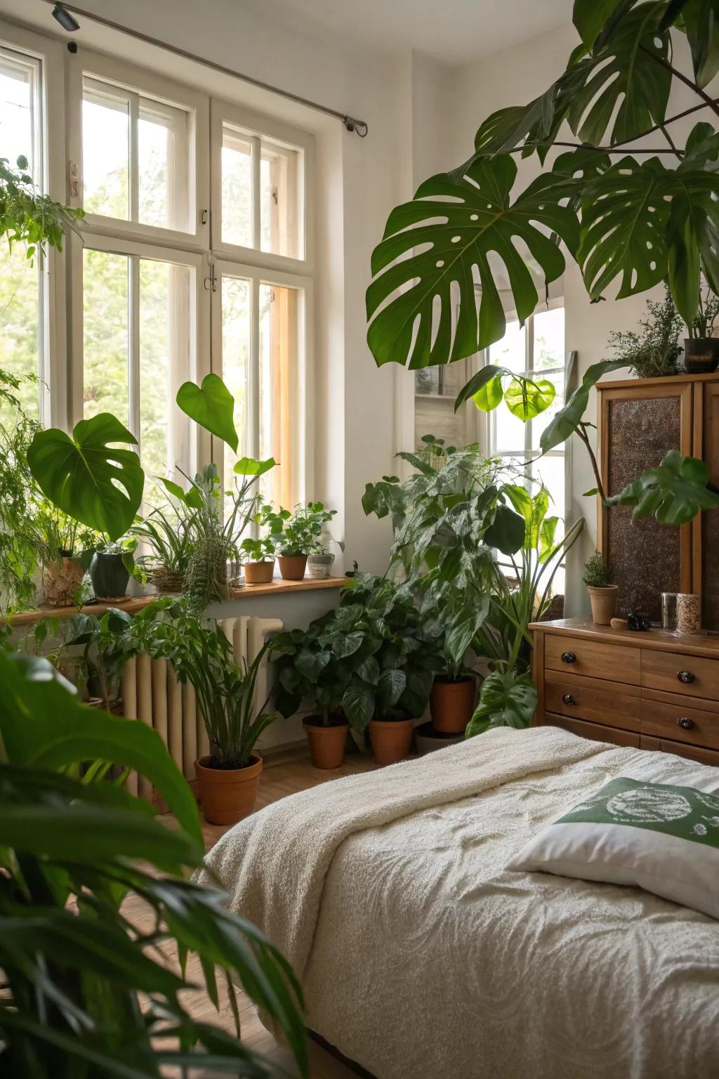 Greenery introduces life and freshness to the bedroom.
