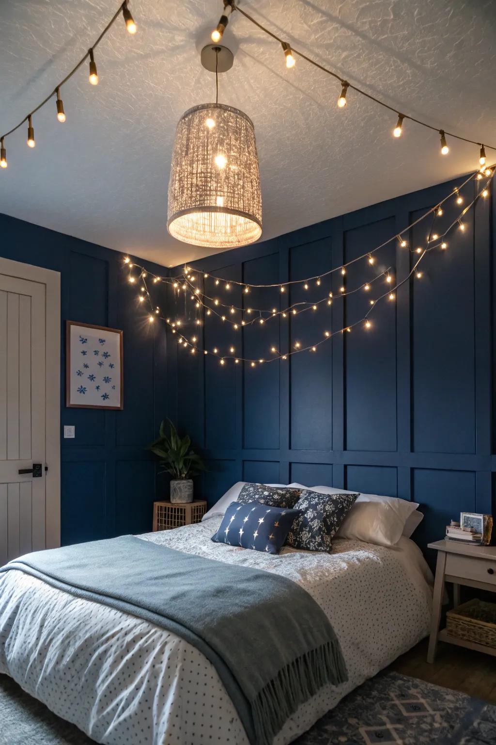 Ornamental lighting disseminates a romantic radiance across your deep indigo bedroom.