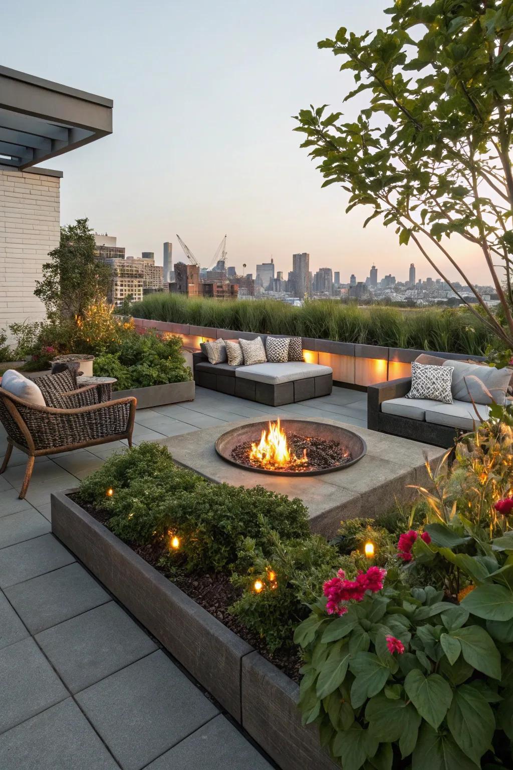 A combustion element supplies warmth and a central point for evening gatherings.