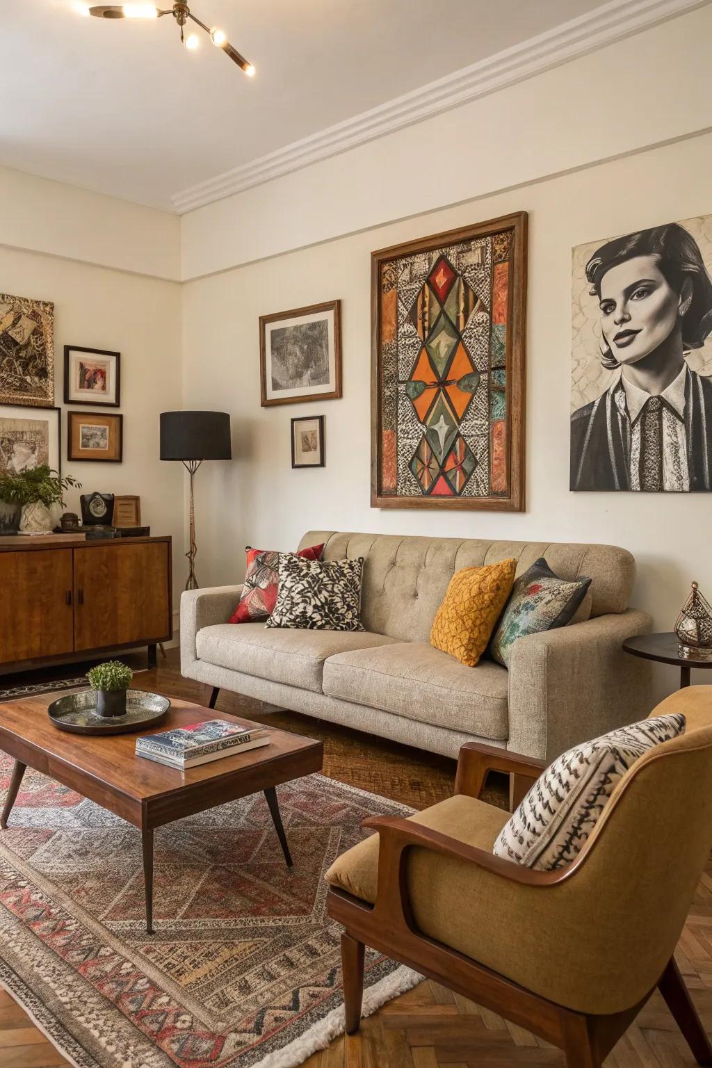 An individualized living space showcasing a curated assortment of art and embellishments.