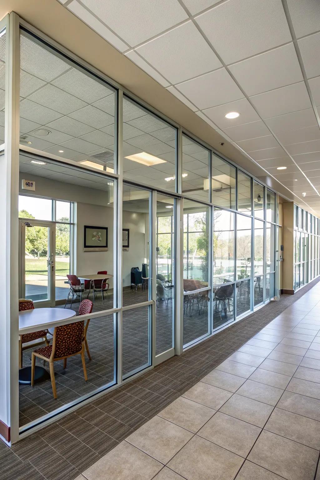 A space featuring a partition wall integrated with glass segments, promoting openness yet ensuring defined separation.