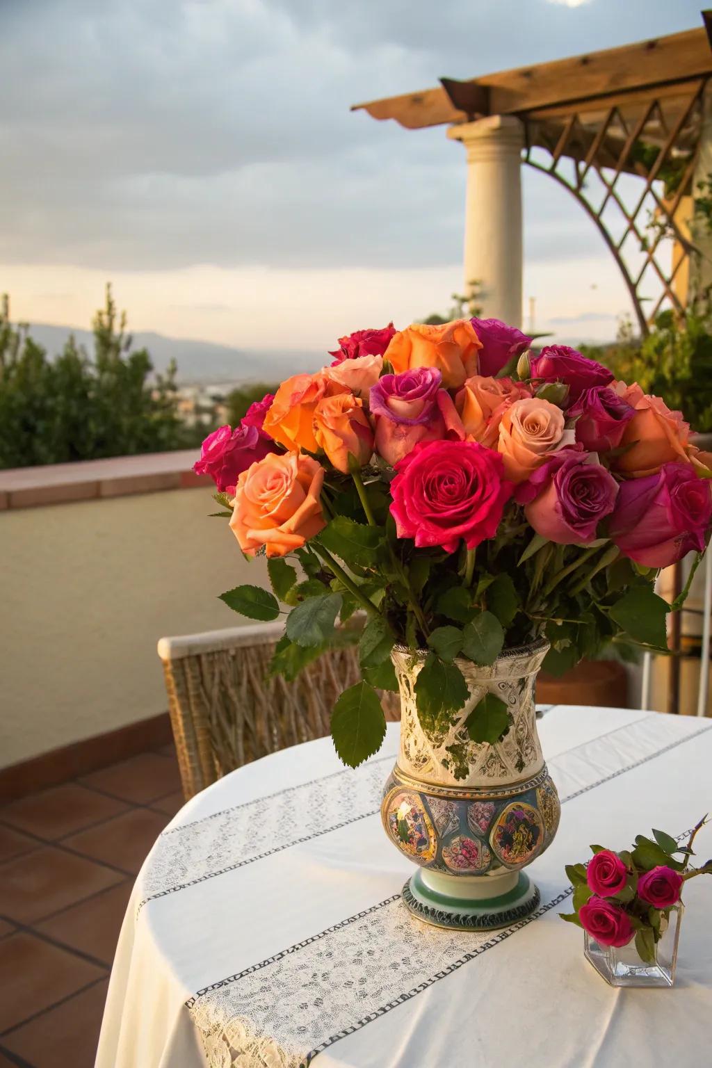 Bold and animated through coral and fuchsia roses.