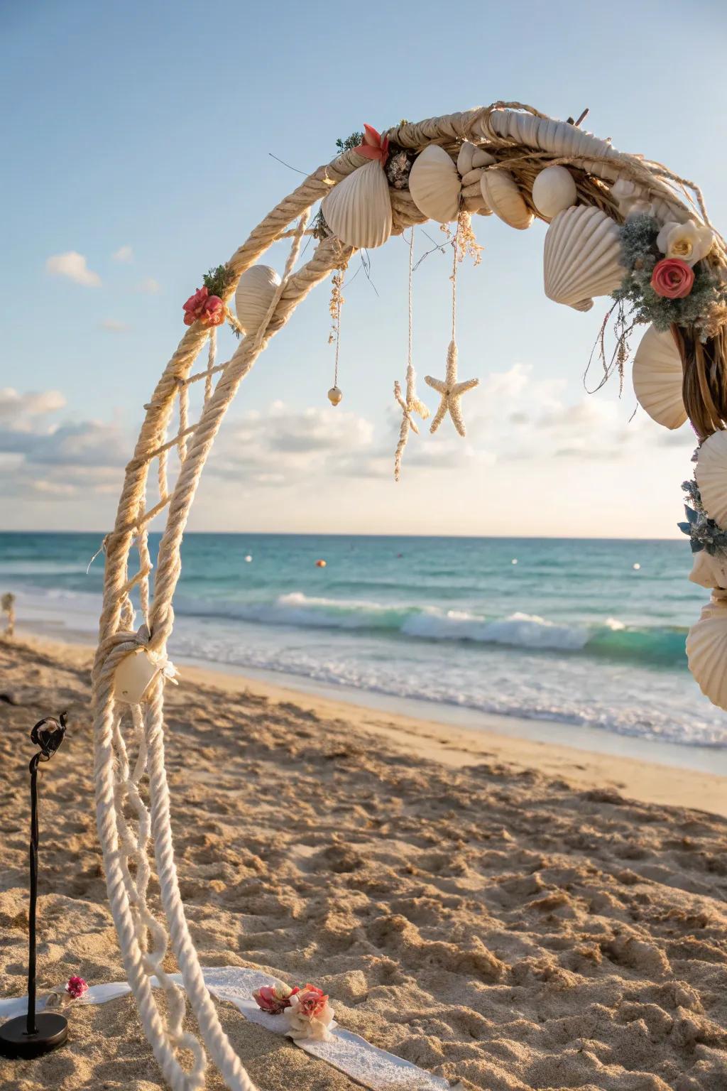 A seaside entrance decorated with seashells, ideally matched for oceanfront ceremonies.