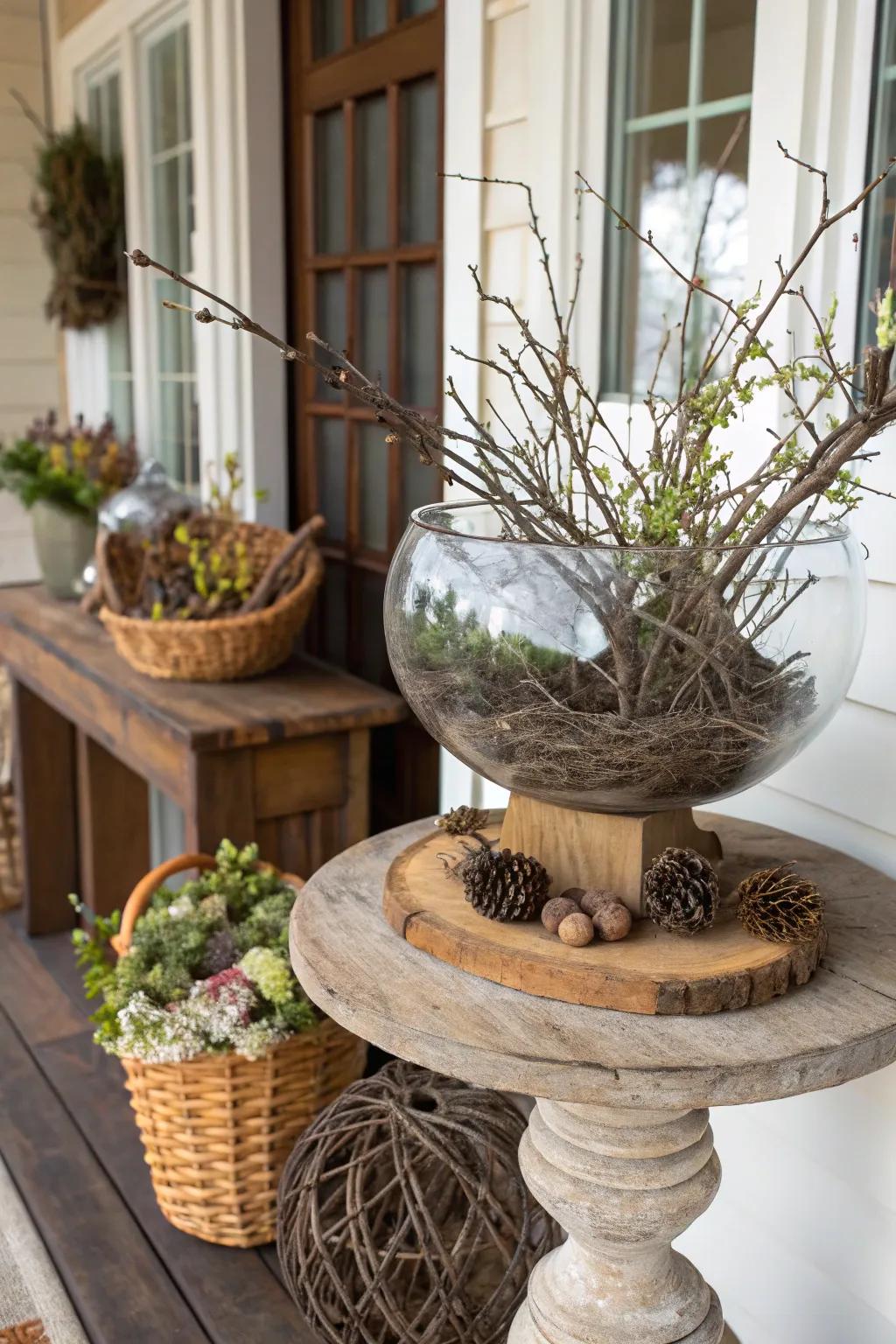 Authentic elements such as limbs inject countryside charm into glass vessels.