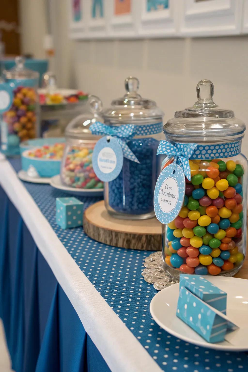 A tailored detail featuring customized stickers on sweets pots.