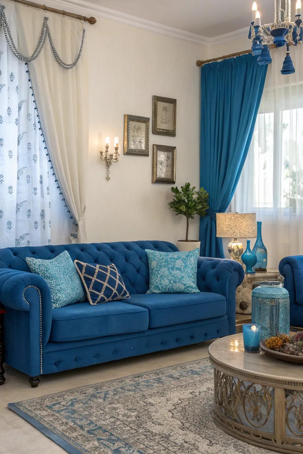 A single-hue scheme with varied blues delivers a cohesive and sophisticated appearance.