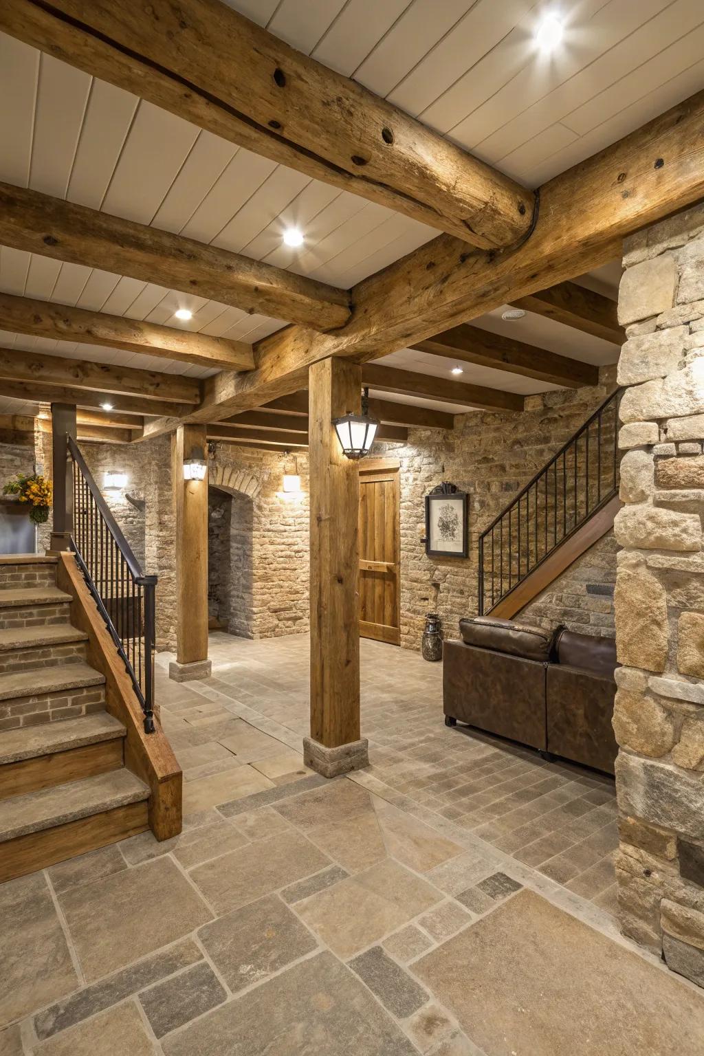 Neutral hues offer a peaceful background in a homespun basement.