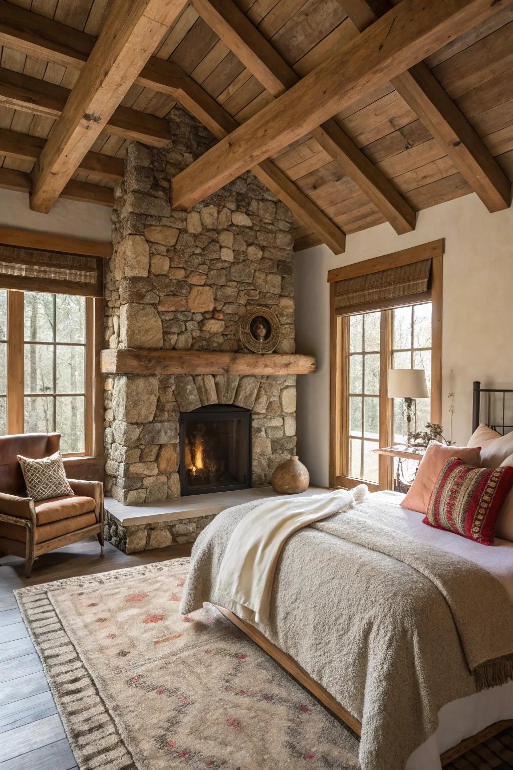 A rock fireplace is a warm and natural centerpiece.