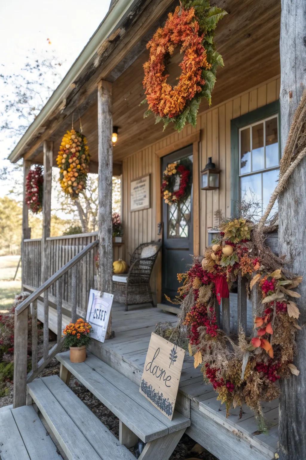 Ornamental wreaths and signs personalize a rustic veranda.