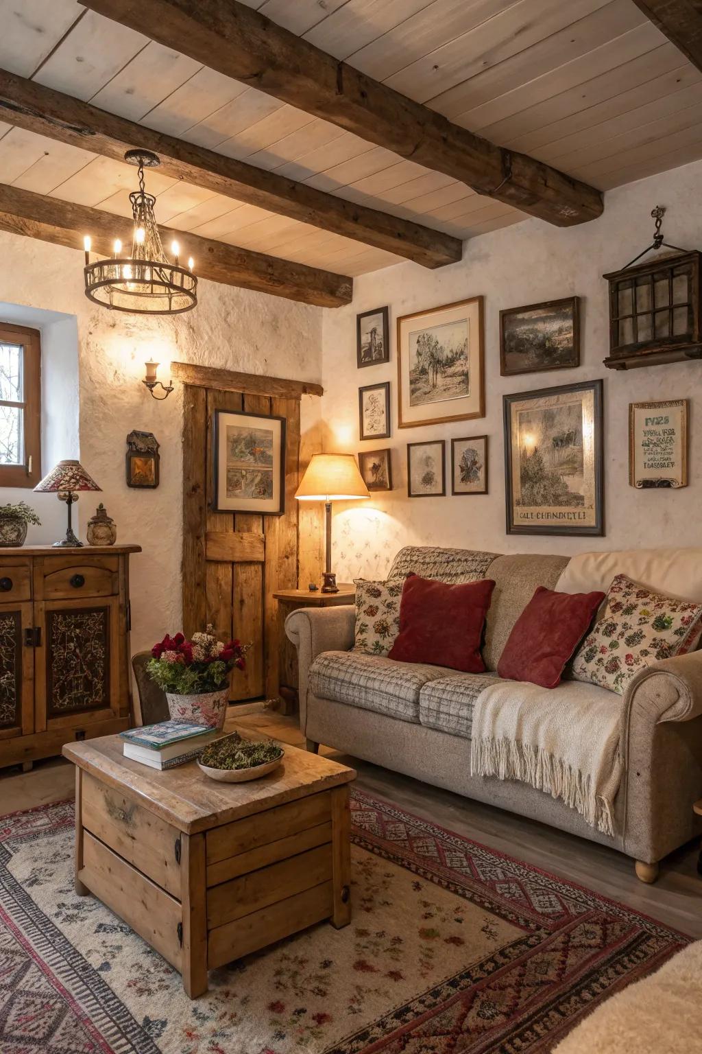 Antiquated wall ornamentation infuses individuality and historical significance into rustic living spaces.