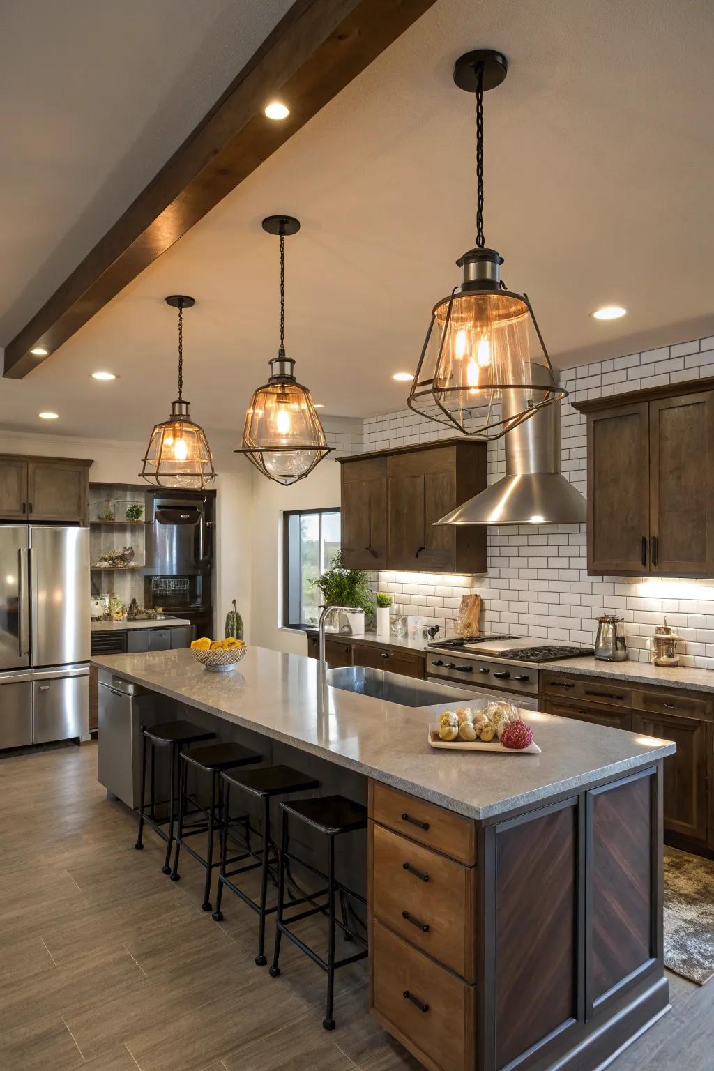 Urban-inspired illumination lends a contemporary twist to this countryside kitchen.