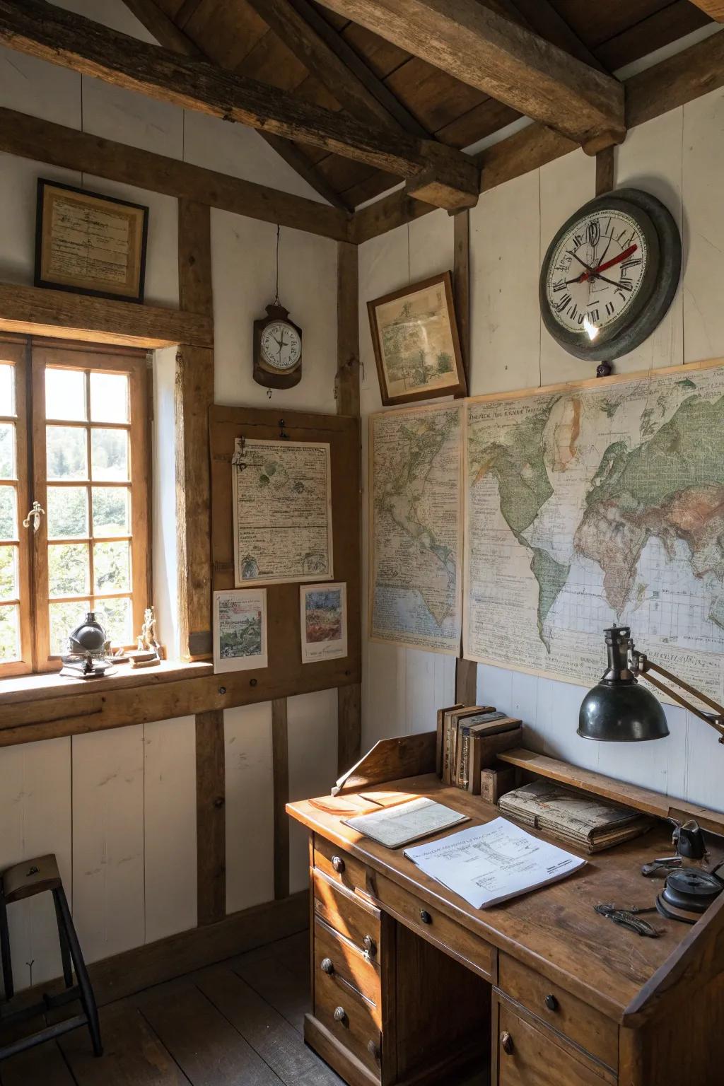Vintage décor contributes identity and history to a country-style office.
