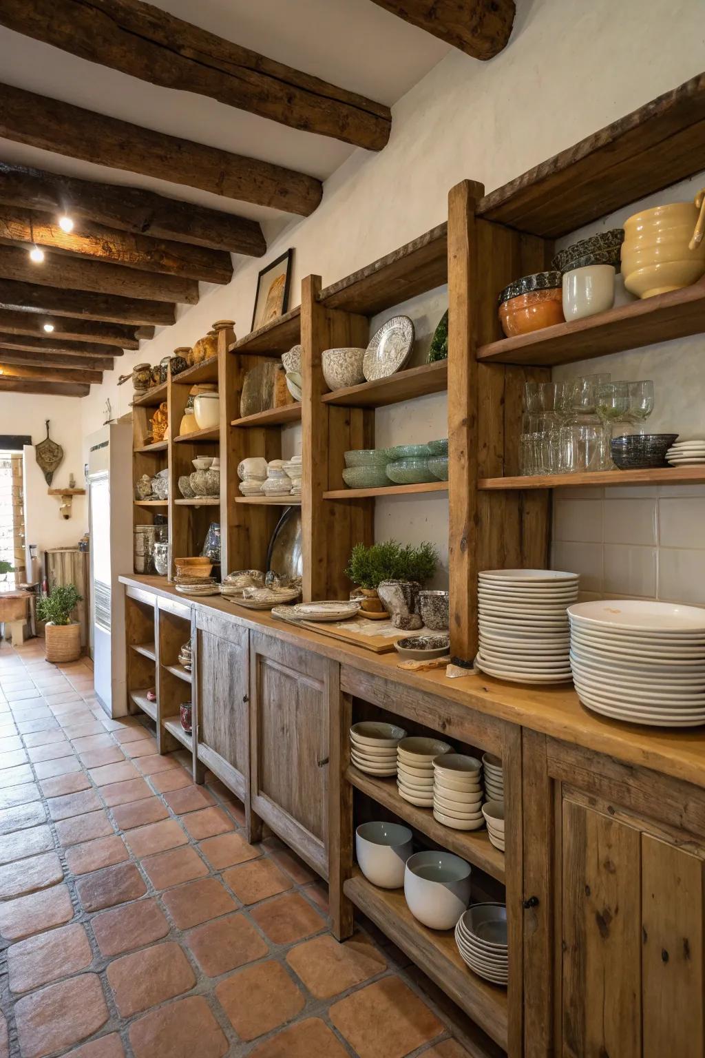 Uncovered rack placement shows off tableware and contributes a homely emotion.