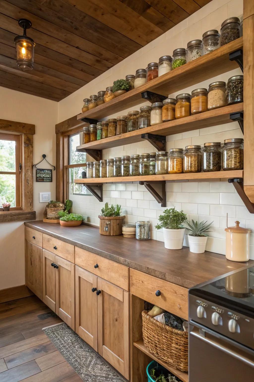 Preservation jars provide both storage and decorative appeal in a countryside kitchen.