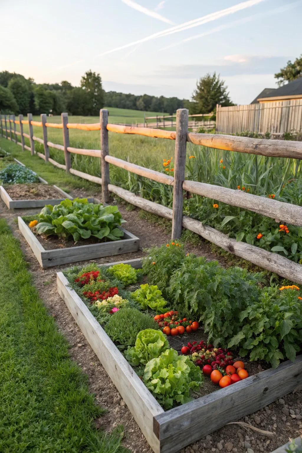 Raised garden beds outlined by a provincial split rail fence.