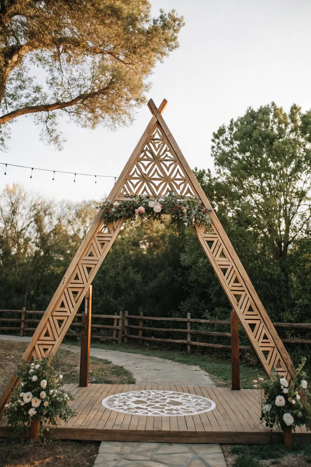 A modern twist on countryside allure via this geometric triangular arch.