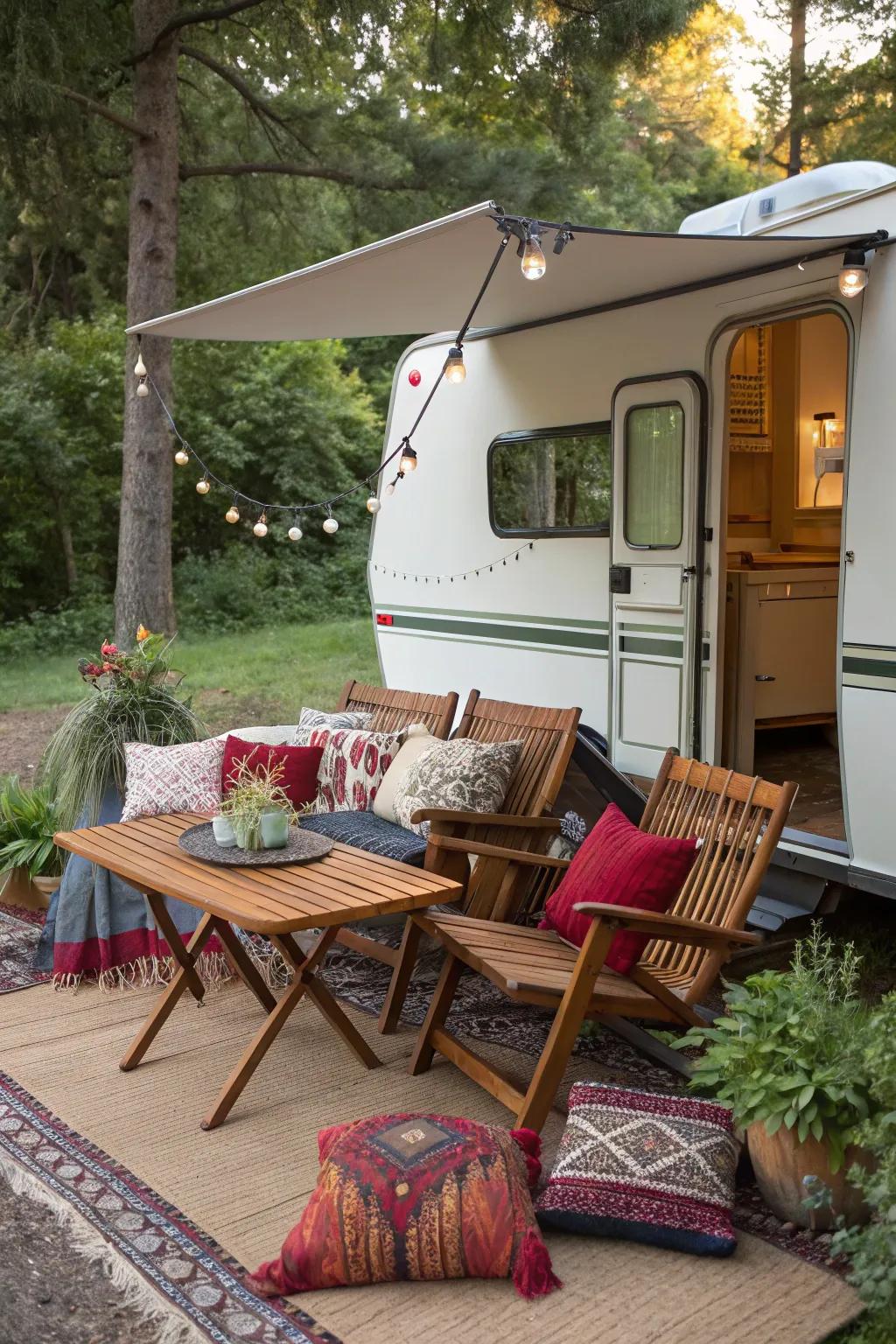 Pillows and throws infuse your campsite with color and coziness.