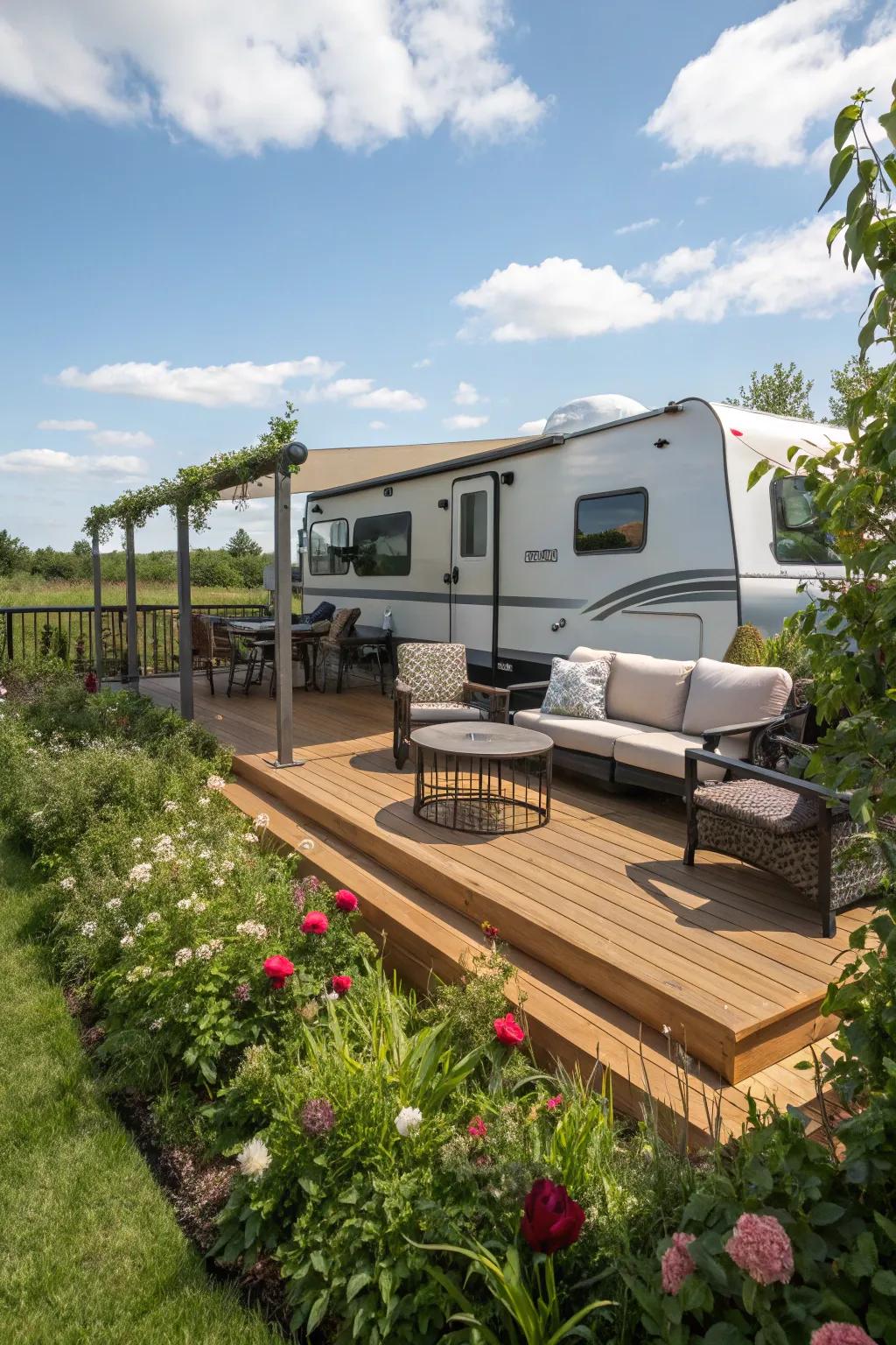 A wooden deck brings structure and style to your RV patio.