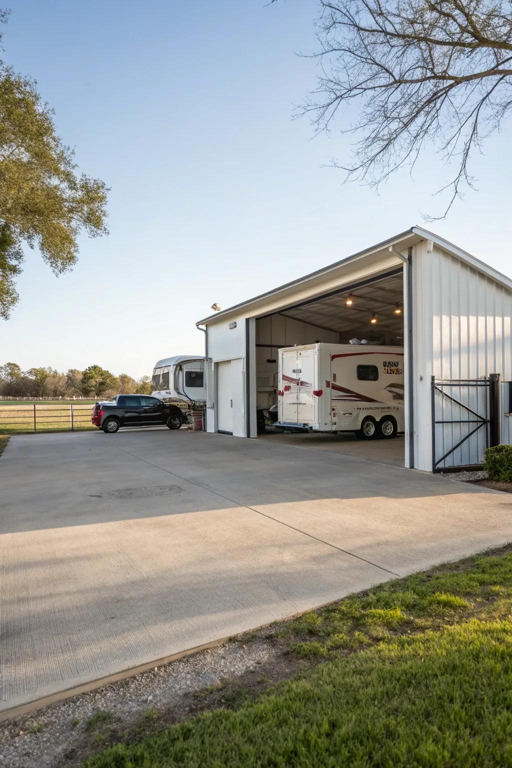 A roomy RV shed that fits several vehicles.
