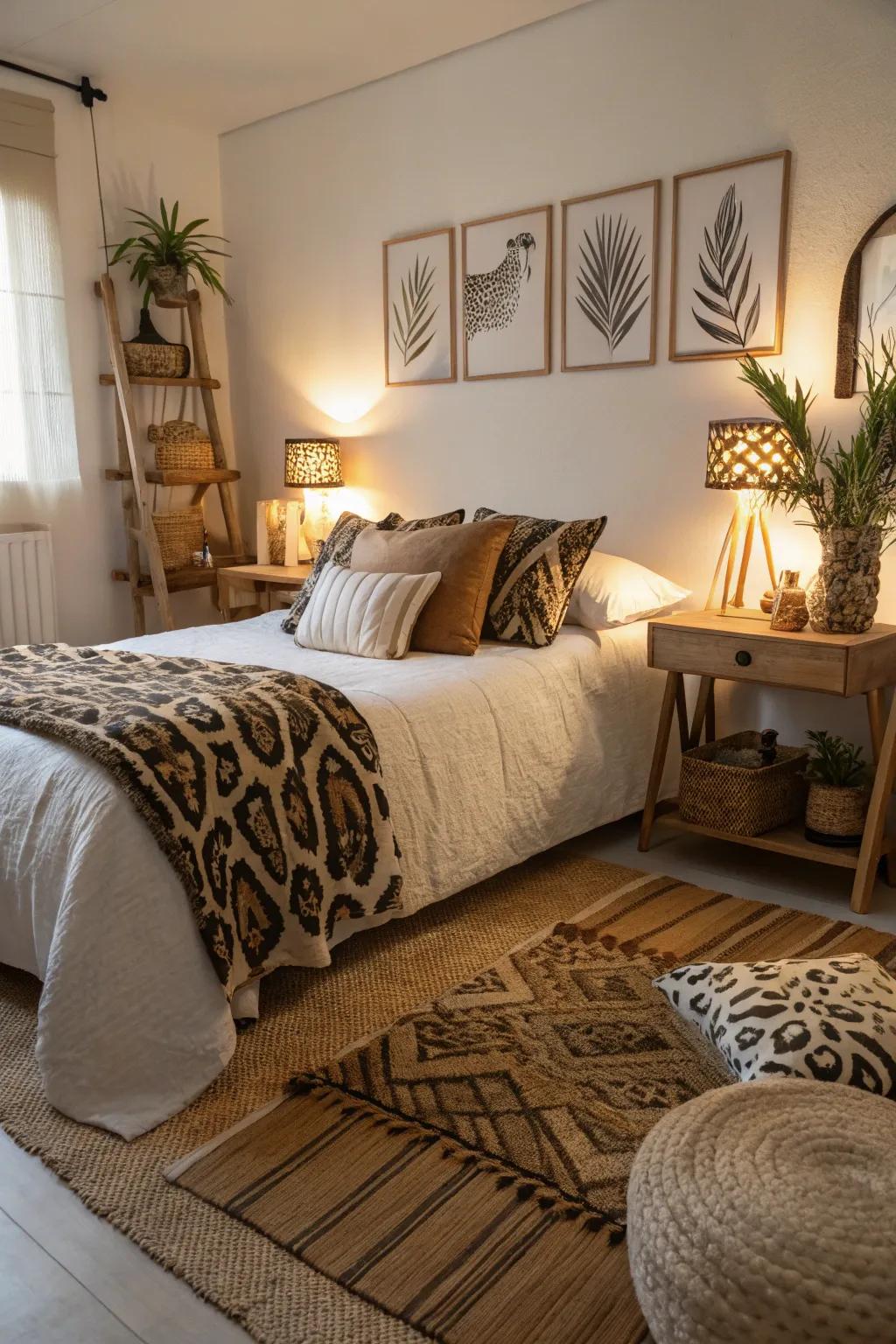 Fauna print textiles infuse the safari theme with flair and snugness.