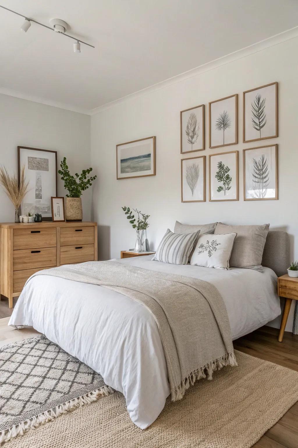 A boudoir furnished with neutral-toned canvases and Scandinavian décor